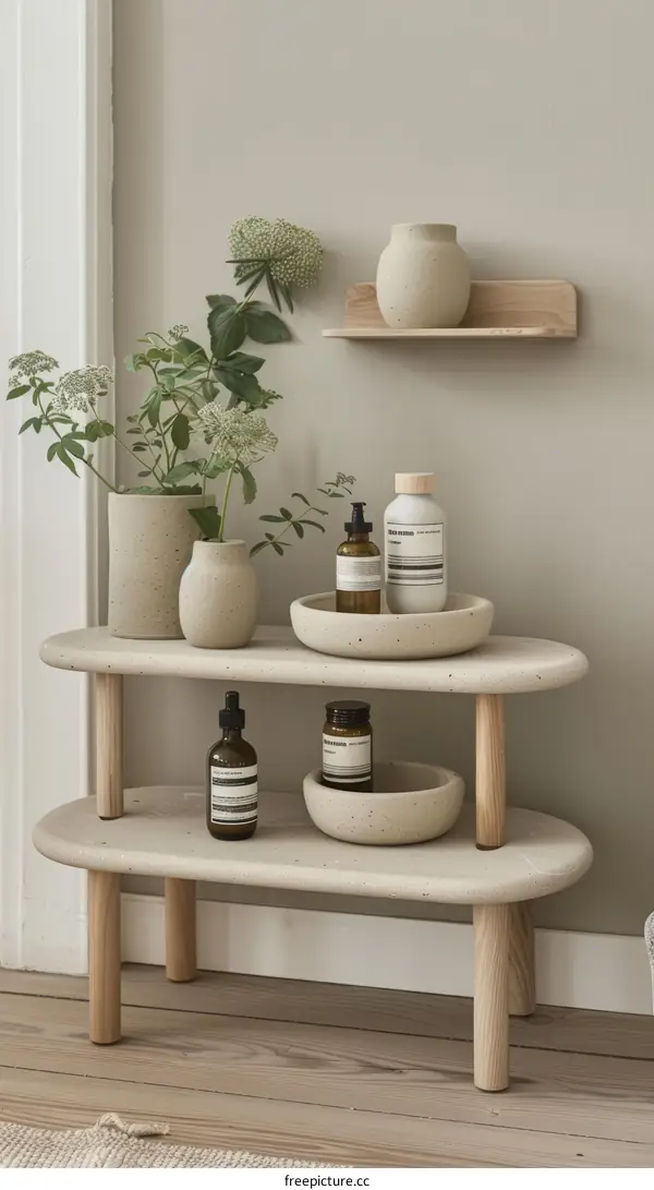 Bathroom accessories made of ceramic and wood