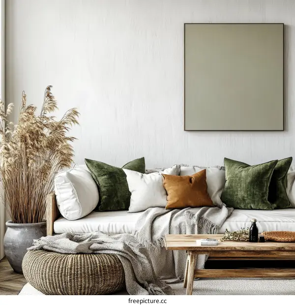 Modern Boho Living Room Mockup with Blank Art