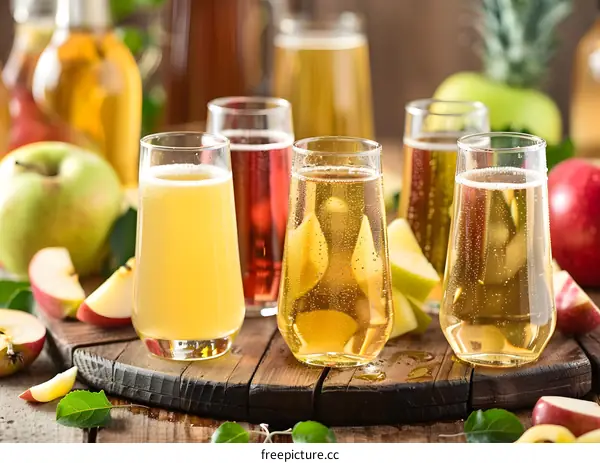 Apple Cider in Glasses on Wooden Board with Apples