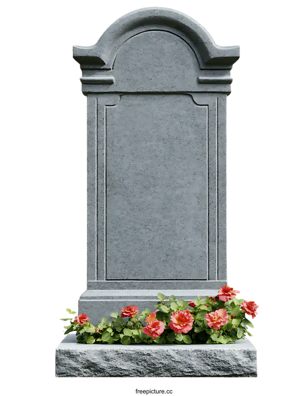 [Transparent Background PNG]Grey Granite Monument with Floral Decoration