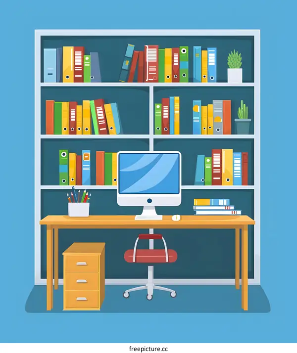 Office Workplace Interior Design With Bookshelf Desk And Computer