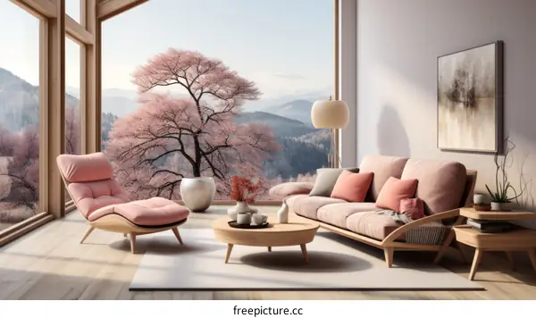 A beautiful living room with a large window looking out onto a cherry blossom tree