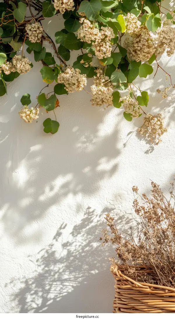White Wall Decor with Flowers and Basket