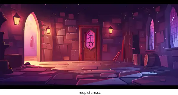Cartoon Illustration of a Medieval Castle Courtyard at Night