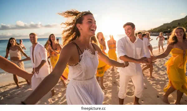 Happy friends dancing on the beach at sunset