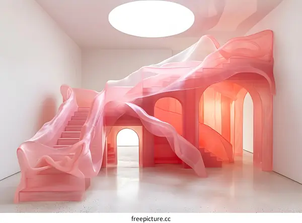 Pink Fabric Sculpture Staircase in Art Gallery