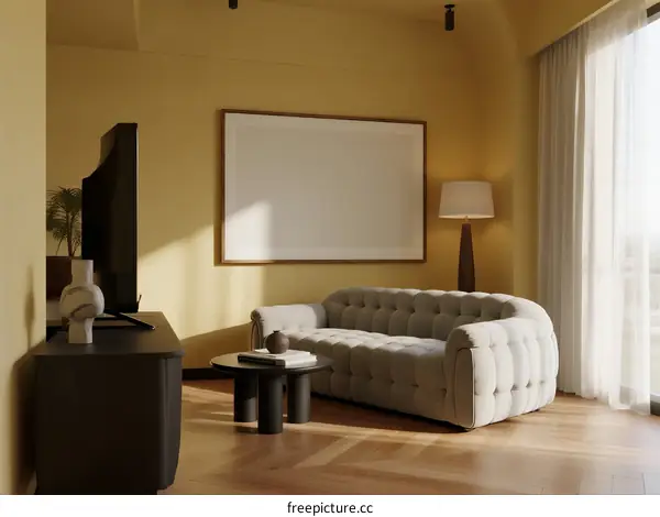 Modern Living Room with Tufted Sofa and Large TV Screen