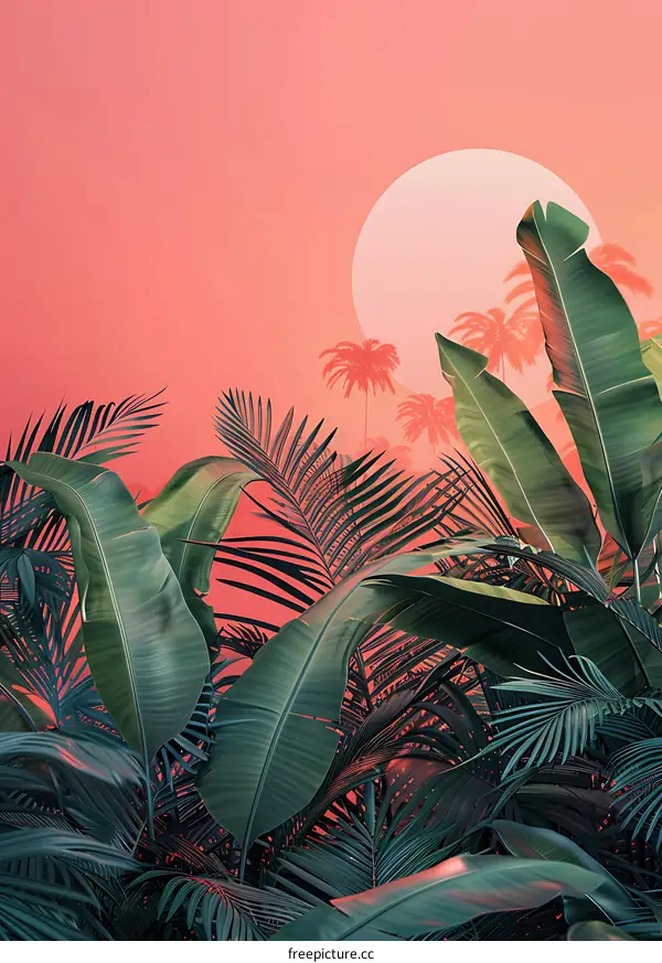 Tropical Leaves and Sun in Pink Sky