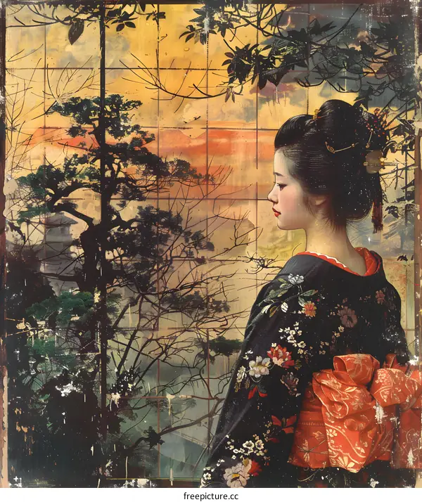 A Japanese woman wearing a kimono is standing in front of a window.