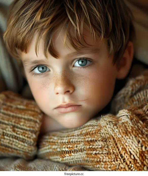 Portrait of a boy with green eyes and freckles
