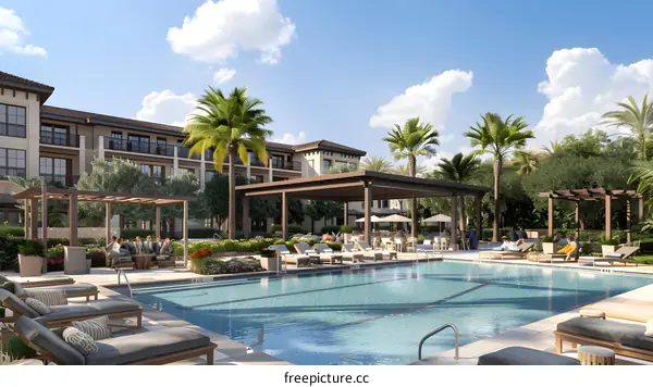 Luxury Apartment Building with Swimming Pool and Lounge Area