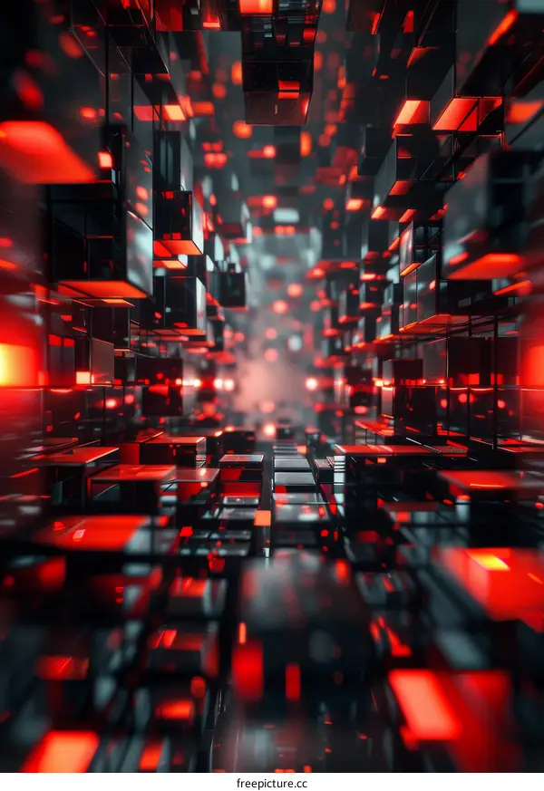 Red and black 3D rendering of a tunnel
