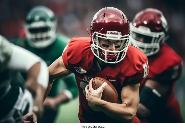American football running back wearing red jersey number 7 jersey evading defenders