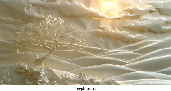 Paper Art Landscape with Tree and Sun