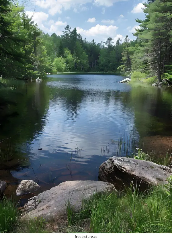 Tranquil Lake Scene with Green Trees and Clear Water