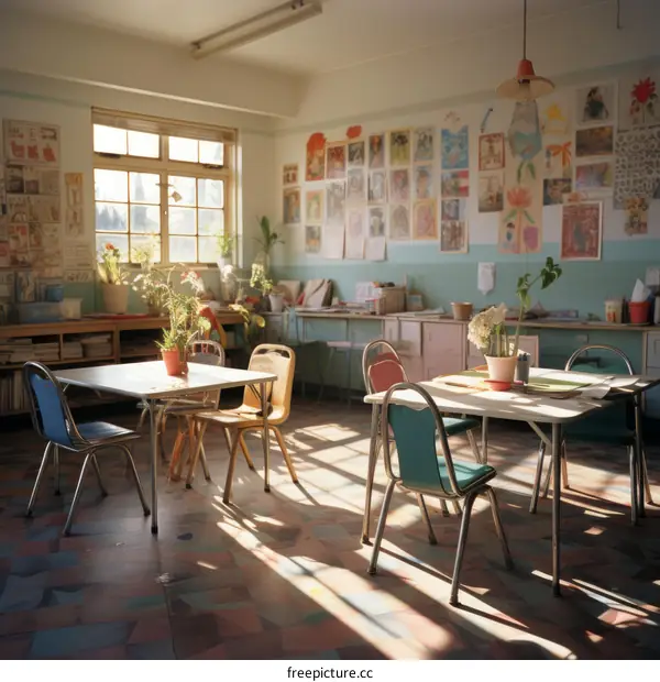 Classroom With Desks And Chairs And Plants By Window