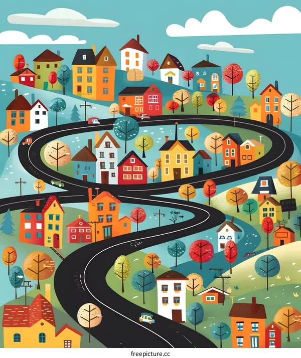 Colorful Houses with Winding Road Illustration