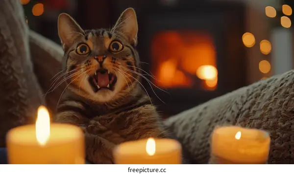 A cat is sitting in front of a fireplace with candles.