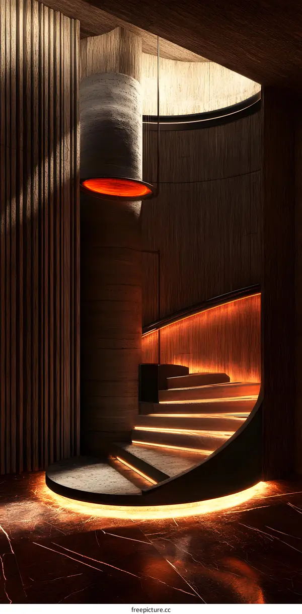 Modern Interior Design with Curved Staircase and Warm Lighting