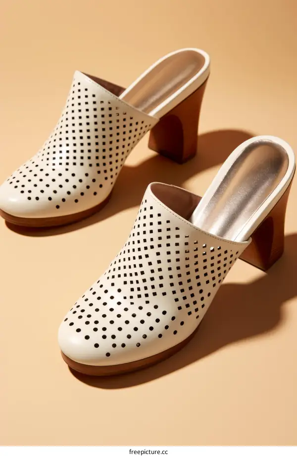 White Leather Mules with Geometric Pattern and Chunky Heel