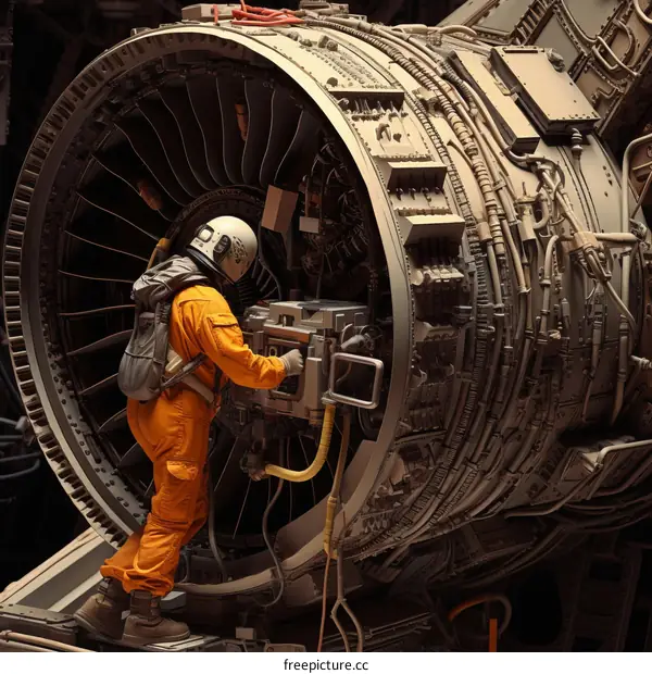 An astronaut in an orange spacesuit inspecting a large jet engine