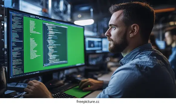 Focused Developer at Work in a Server Room