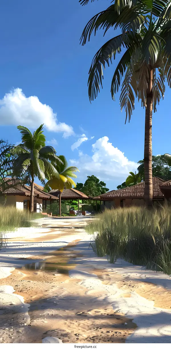 Tropical Beach Paradise  Palm Trees and Sandy Pathway