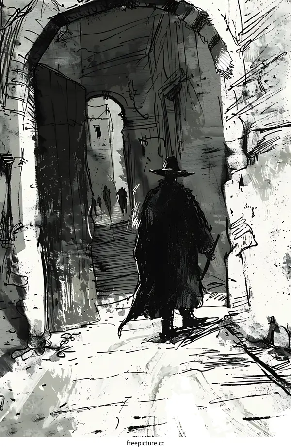 Mysterious Figure Walking Through a Dark City Street