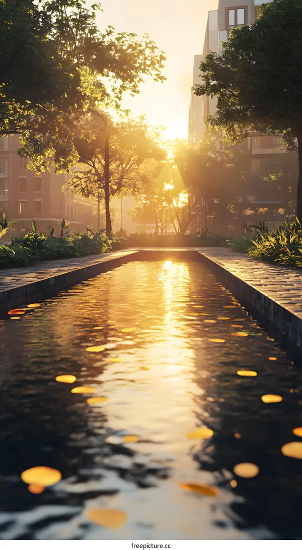 Golden Sunset Reflection in a City Pond