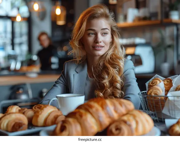 Blonde woman sitting at a table in a cafe looking out the window