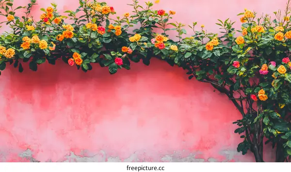 Pink Wall with Yellow and Pink Flowers