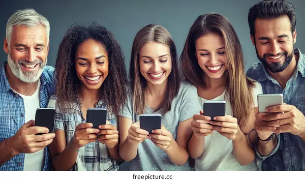 Diverse Group of People Engaging with Smartphones