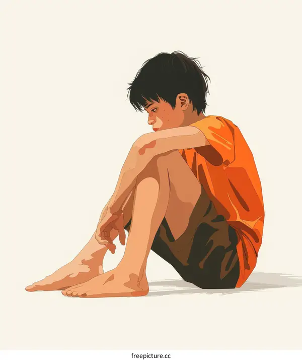 boy sitting on the ground with his knees drawn up to his chest
