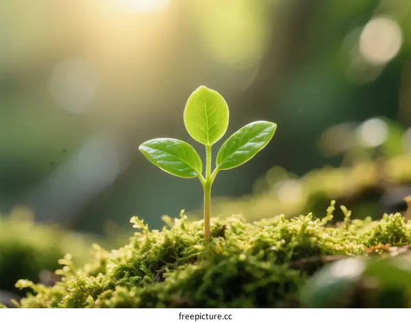 Young Green Sprout Growing on Moss with Natural Light