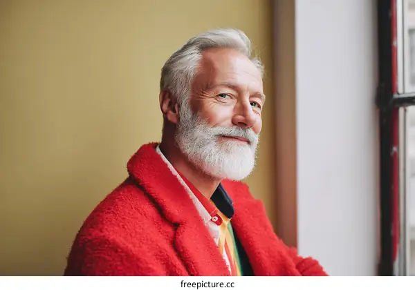 A senior man with white hair and beard sitting by window