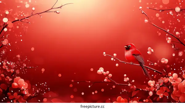Red Bird in Blooming Blossom Illustration