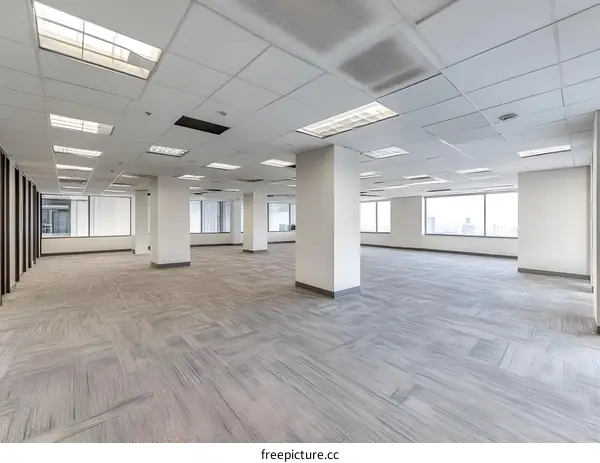 Empty Office Space With White Walls And Grey Carpet