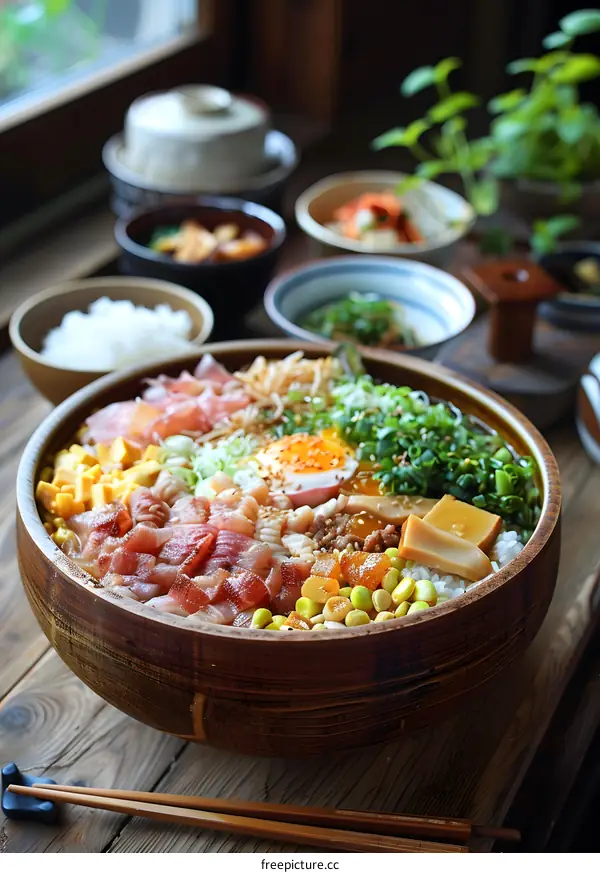 Japanese Style Colorful Bowl Of Rice With Seafood And Vegetables