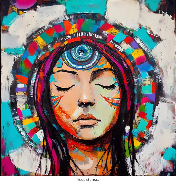 Abstract Painting of a Woman with Closed Eyes and Third Eye
