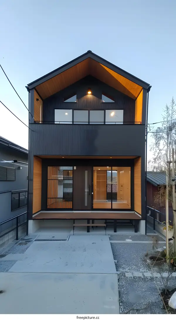 Modern Japanese Style Home with Wooden Deck and Grey Siding