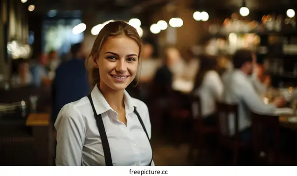 Portrait of a smiling waitress in a busy restaurant