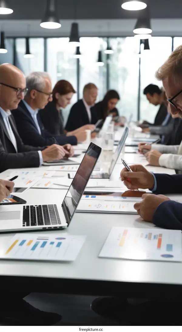 A group of business people are sitting around a table having a meeting