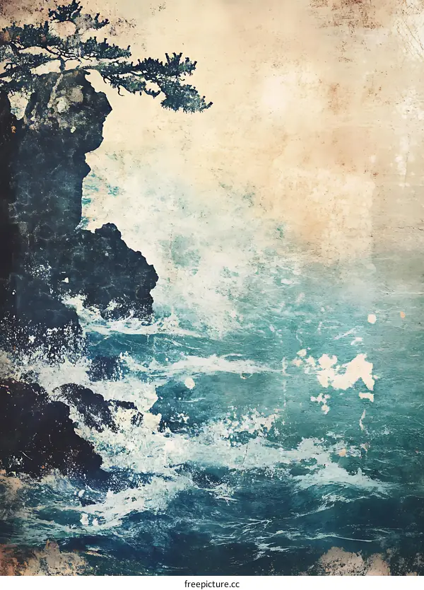 Vintage Watercolor Painting of Ocean Waves Crashing on Rocks