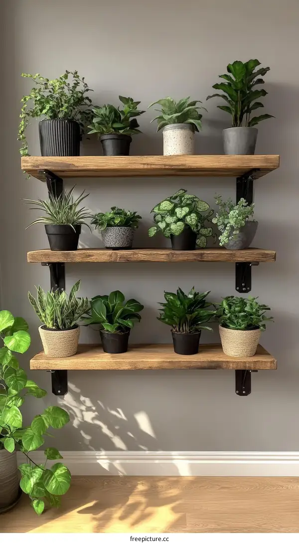Wooden Shelves with Indoor Plants