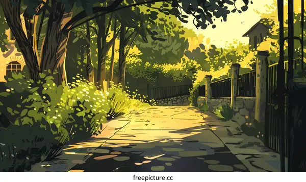 Summer Day in the Park, a Pathway Leads Through Green Foliage and Sunbeams