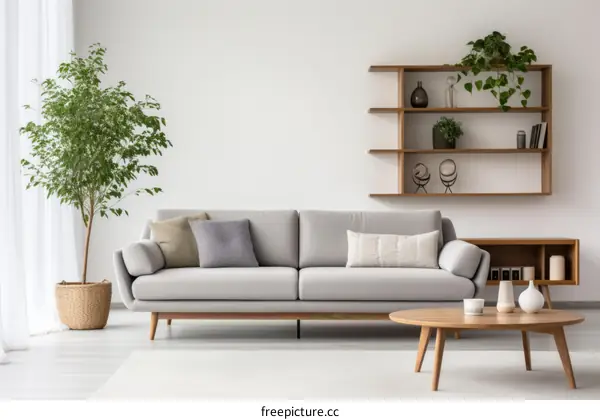 A stylish living room with a gray sofa, wooden coffee table, and potted plants