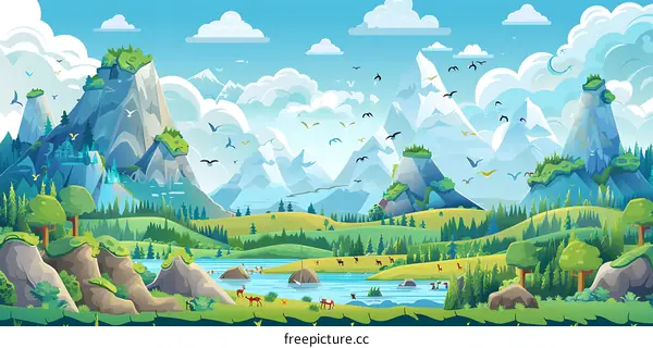 Mountain Valley Landscape Illustration with Flying Birds