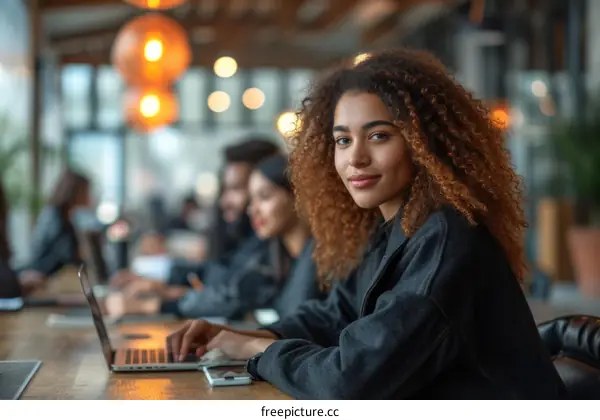 A young woman of African descent is sitting at a table in a cafe, smiling at the camera while using her laptop.