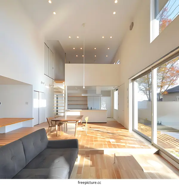 Modern Open Concept Living Room with High Ceilings and Natural Light
