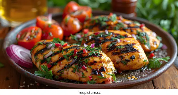 Grilled chicken breasts with tomatoes and herbs